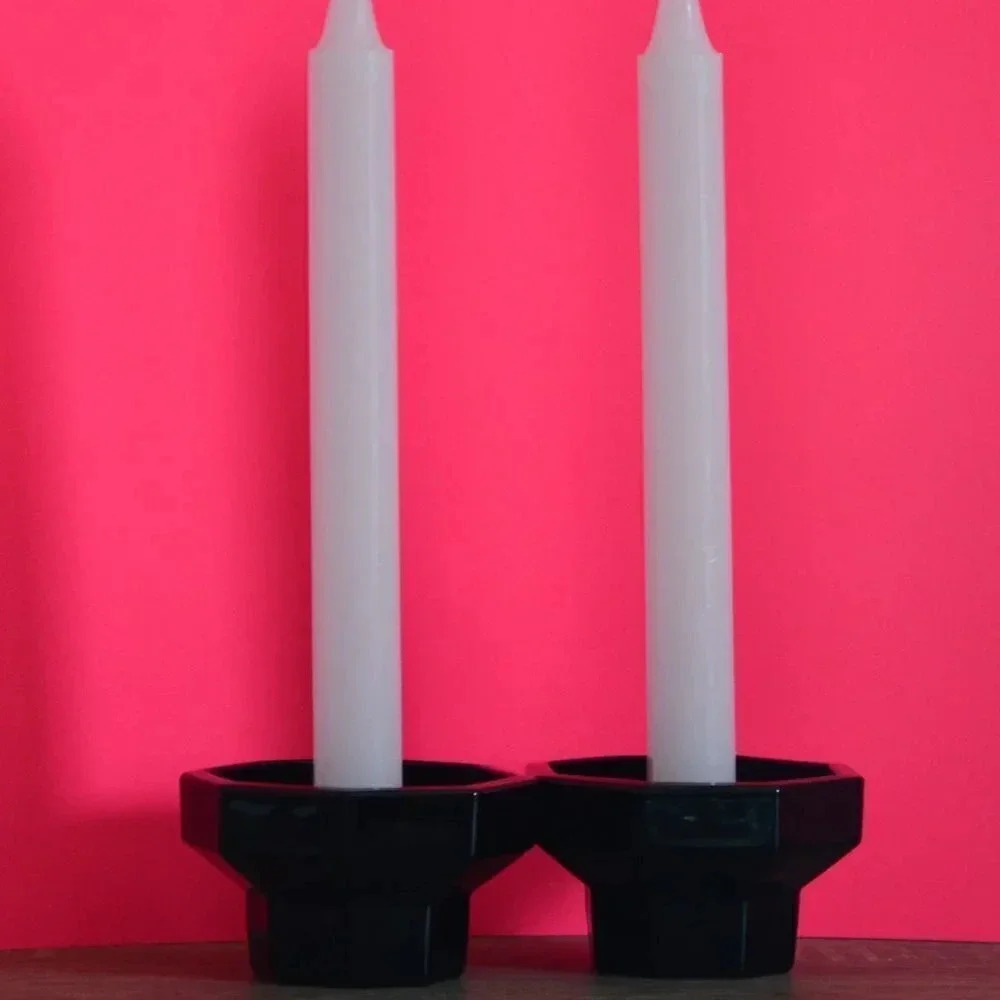 Vtg Black Glass  Candlestick Holders